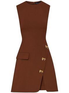 chocolate brown virgin wool stretch-design decorative bow button detailing crew neck rear zip fastening sleeveless fitted waistline side flap pocket split hem Wedding Guest Looks, Split Skirt, Yoko London, City Dress, Demi Fine Jewelry, Summer Beach Wear, Ballet Flat Shoes, Skirt Dress, Ski Wear