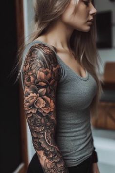 #tattoo #tattoos #tattooart #tattoodesign #tattoodesign #tattoogirl  #tattoosleeve #tattooflower Rose Tattoo Meaning, Rose Tattoo Sleeve, Rose Sleeve, Black Rose Tattoos, Red Rose Tattoo, Floral Tattoo Sleeve, Forearm Tattoo Women, Best Sleeve Tattoos, Custom Tattoo Design