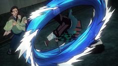 two anime characters sitting on the ground in front of a blue and white circular object