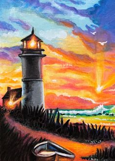 a painting of a lighthouse on the beach at sunset with a boat in the foreground