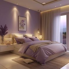 a bedroom with purple walls and flooring is pictured in this image, there are two lamps on either side of the bed