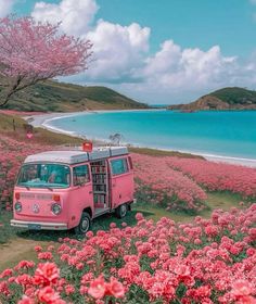 a pink van parked on the side of a road next to a body of water