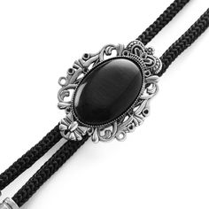 * Black cord with feather-shaped tips 
 * Adjustable sliding clasp
 * Stone looks like a Black Tiger’s Eye Western Bolo Tie, Black Tiger, Black Tigers, Cheap Accessories, Bolo Tie, Tie Colors, Black Stone, Gift Accessories, Neck Tie