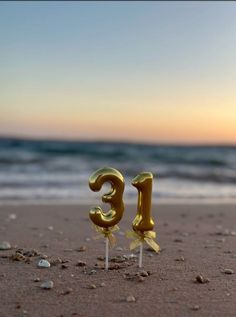 the number thirteen is made out of gold foil on the sand at the ocean's edge