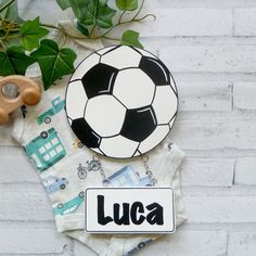 there is a soccer ball on top of a diaper with the word luca next to it