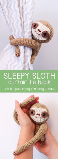 a hand holding a stuffed sloth with the text sleepy sloth curtain tie back crochet pattern