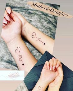 two hands holding each other with hearts on them and the words mother and daughter written in cursive font