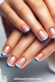 2024’s Most Stunning Blue Nail Designs Unveiled - #лишнийвес #убратьживотзанеделю #худение #какбыстропохудеть #gel #nail #design Nails With Stripes Simple, 2 Tone Nails Designs, Millennial Nails, Blue And White French Nails, Nail Art French Tip Designs, 2 Tone French Tip Nails, Navy Blue French Nails, French Tip With Color, Boat Nails