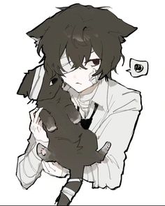 an anime character holding a cat in his arms