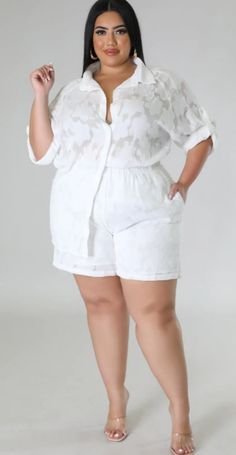 Non-stretch 2 piece short set high waist elastic waistband shorts. Top is long sleeve with button closure to make short sleeve. Dashiki Fashion, 2 Piece Short Set, White Two Piece, Patchwork Shirt, Plus Size Two Piece, Plus Size Fits, Stylish Plus, White Party, How To Make Shorts