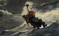 a painting of two people on a rope in the ocean