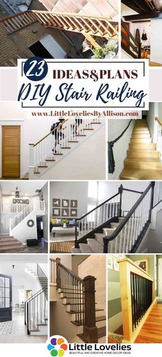 stairs and stair railings are featured in this collage