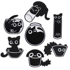 six black and white stickers with cats, bats, and pumpkins on them