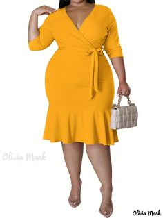 Olivia Mark - Womens Plus Size Solid V Neck Side Knot Fish Tail Midi Dress: An Elegant and Stylish Half Sleeve Dress Plus Size Corset Dress, Ladylike Outfits, Half Sleeve Dress, Plus Size Corset, Yellow Midi Dress, Fish Tail, Half Sleeve Dresses, V Neck Midi Dress, Women Formals