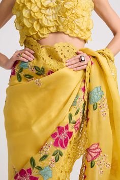 Yellow floral applique and cutwork sari – INDIASPOPUP.COM Organza Sari, Indian Dress Up, Indian Kurti Designs, Traditional Blouse Designs, Saree Designs Party Wear, Designer Sarees Online, Yellow Silk, Pakistani Bridal Dresses