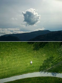 two pictures one with a person walking and the other with a kite in the sky