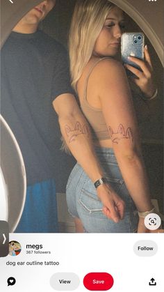 two people are taking pictures with their cell phones and one is showing off her tattoos