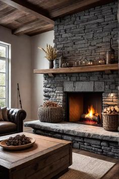 a living room with a fire place and couches