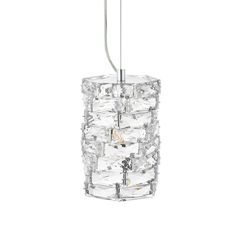 a clear glass light fixture hanging from a ceiling mounted on a metal rod with a white background