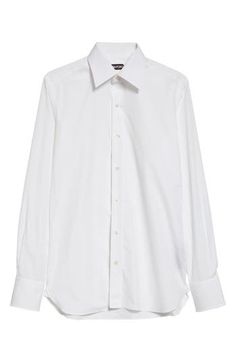 The label's knack for elevating everyday essentials is manifested in this classic button-up shirt tailored in a slim fit from crisp cotton poplin. Front button closure Point collar Long sleeves with two-button cuffs 100% cotton Dry clean or machine wash, line dry Made in Italy Designer Clothing Classic Wrinkle-resistant Business Casual Tops, Classic Wrinkle-resistant Tops For Business Casual, Timeless Slim Fit Button-up Shirt, Classic Slim Fit Wrinkle-resistant Tops, Classic Wrinkle-resistant Business Tops, Timeless Button-up Dress Shirt With Placket, Classic Wrinkle-resistant Office Shirt, Timeless Slim Fit Shirt With Button Closure, Classic Collared Shirt, Wrinkle-resistant