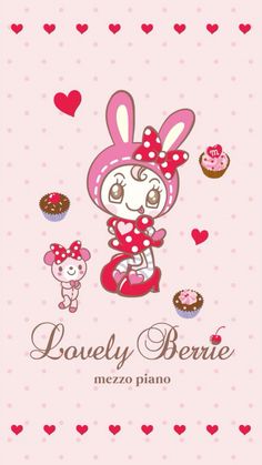 a cartoon bunny with cupcakes and hearts in the background, on a pink background