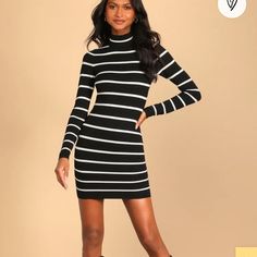 Lulus Exclusive! When It Comes Time To Give Thanks, Make Sure To Include The Lulus Gratitude Attitude Black Striped Ribbed Cross Back Sweater Dress On That List! Chunky Ribbed Knit, With Black And White Stripes, Shapes A Cozy Mock Neckline, A Bodycon Silhouette, And Long Sleeves. Crisscrossing Back Allows For A Cute Peekaboo Cutout And Mini Hem Complements Otk Boots! Unlined. 80% Viscose, 20% Polyester. Hand Wash Cold. Do Not Bleach. Line Dry. Iron Low Heat. Imported. Style 1575996 Fitted Striped Mini Dress For Fall, Gratitude Attitude, Navy Blue Cocktail Dress, Black Skater Dress, Otk Boots, One Shoulder Gown, Floral Print Chiffon, Blue Cocktail Dress, Red Lace Dress