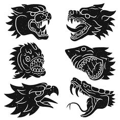 four black and white images of dragon heads