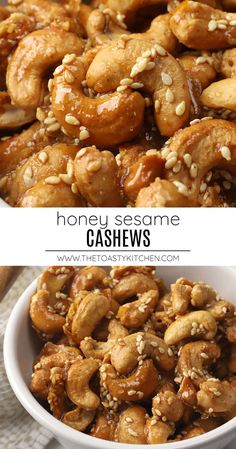 honey sesame cashews in a white bowl with the words honey sesame cashews