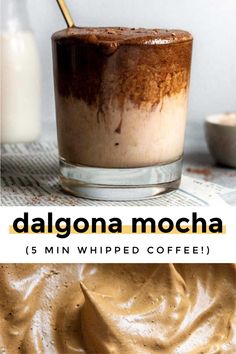 the ingredients for dalgona mocha are shown in this collage with text overlay