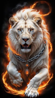 a white lion with chains around it's neck and its mouth open, on fire