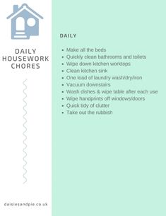 the daily housework chores list is shown in blue and green with an image of a house