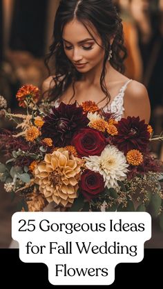 A stunning bride carrying beautiful fall wedding flowers in rich autumn colors, featuring a mix of bold centerpieces and delicate bouquets, perfect for an unforgettable fall wedding celebration. Fall Themed Bridal Bouquet, Wedding Bouquets With Dried Flowers, Fall Style Wedding, Elegant Fall Wedding Bouquets, Fall Inspired Wedding Bouquets, Autumn Bouquets Wedding, Wedding Flower Options, Fall Color Roses, Fall Wedding Reception Flowers