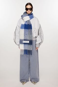 Mohair checked scarf - White/grey/royal blue