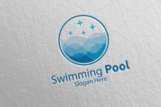 swimming pool logo with mountains and stars in the middle, on a white paper background