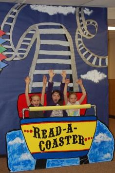 two children are riding on a roller coaster with the words read - a - coaster