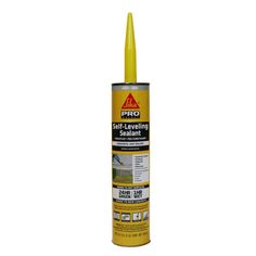 an image of a yellow sealant with the words self leveling sealant on it