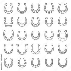 a set of different types of horseshoes in black and white outline on a white background