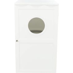 a white cabinet with a round hole in the front and bottom part on it's side