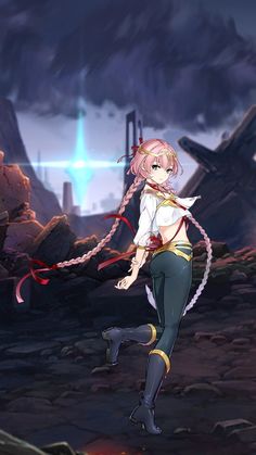 an anime character with long pink hair and black pants, standing in front of a mountain