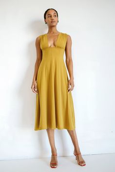 ELVA DRESS OCHRE – The Line by K The Line By K, Line By K, Chic Heels, Strappy Flats, Strappy Sandals Flat, Paneled Skirt, Statement Accessories, Warm Autumn, Blank Canvas