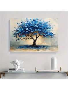 a painting on the wall of a living room with a blue tree in the middle