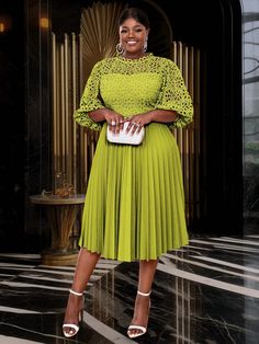 Plus Size Solid Color Lace Patchwork Lantern Sleeve Dress Green Elegant  Half Sleeve Lace Colorblock,Geometric,Plain A Line Medium Stretch  Women Plus Clothing, size features are:Bust: ,Length: ,Sleeve Length: English Dresses Classy, Pink Brunch, Couples African Outfits, Black Kids Fashion, Lace Gown Styles, Kids Gown