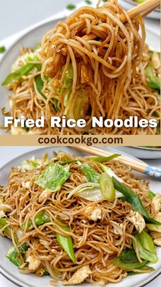 fried rice noodles with vegetables and chopsticks on a white plate next to another dish