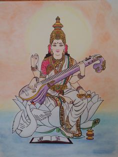 a drawing of the god sitting on top of a swan with an instrument in his hand