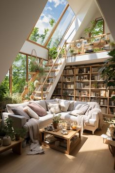 a living room filled with lots of furniture under a skylight next to a bookshelf