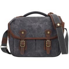 a gray and brown bag with two buckles on the front, one has a shoulder strap