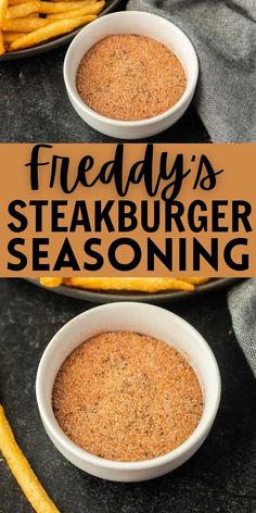 two white bowls filled with seasoned steakburger seasoning on top of a black counter