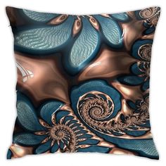 a blue and gold pillow with an intricate design on the front, featuring swirls and leaves