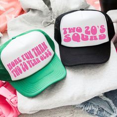 Pop the bubbly and celebrate your 40th birthday in style with these fun and colorful "More Fun Than Two Twenty Year Olds" and "Two 20`s squad" 40th Birthday trucker hats! These hats are the perfect accessories for a beach celebration or a poolside party. ♥ Product details: .: Sold separately .: Material: 100% polyester foam front with 100% nylon mesh weave back .: One size fits most (22.8"/58cm) .: Adjustable snap closure ♥ Shipping: A tracking number will be sent upon shipment and details regar 40th Birthday Hats For Women, More Fun Than Two Twenty Year Olds, Novelty Trucker Hat For Party, Fun Birthday Party Hat Supplies, Vintage Adjustable Hats For Birthday, Fun Letter Print Trucker Hat For Birthday, Fun Letter Print Trucker Hat For Birthdays, Fun Personalized Birthday Hat, Pink Retro Party Hats