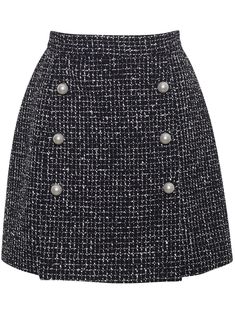 black/white cotton-wool blend high-waisted double-breasted button fastening straight hem Tweed Skirt With Button Closure For Workwear, Chic Tweed Skirt With Button Closure, Elegant Winter Mini Skirt With Buttons, Adam Lippes, Wedding Guest Looks, Yoko London, City Dress, Tweed Skirt, Skirt Fits